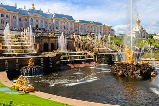 St. Petersburg, Russia - June 25, 2019: Grand Cascade Fountain and Samson Fountain at Peterhof Royal Palace in Saint Petersburg, Russia