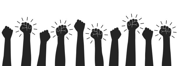 Set hands up proletarian revolution, clenched fist hand. Raised fist - symbol of victory, protest, strength, power and solidarity icon – vector vector art illustration
