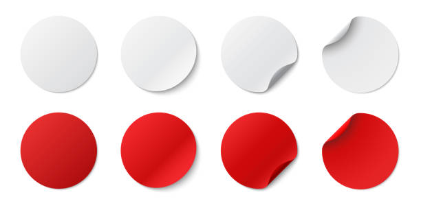 Set circle adhesive symbols. White tags, paper round stickers with peeling corner and shadow, isolated rounded plastic mockup,  realistic red round paper adhesive sticker mockup with curved corner Set circle adhesive symbols. White tags, paper round stickers with peeling corner and shadow, isolated rounded plastic mockup,  realistic red round paper adhesive sticker mockup with curved corner badge stock illustrations
