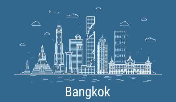 illustrazioni stock, clip art, cartoni animati e icone di tendenza di bangkok city line art illustrazione vettoriale con tutti gli edifici famosi. paesaggio urbano. - thailand