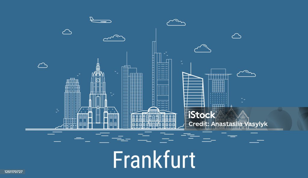 Frankfurt city, Line Art Vector illustration with all famous buildings. Linear Banner with Showplace. Composition of Modern cityscape. Frankfurt buildings set. Frankfurt - Main stock vector