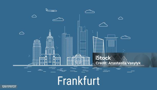 Frankfurt City Line Art Vector Illustration With All Famous Buildings Linear Banner With Showplace Composition Of Modern Cityscape Frankfurt Buildings Set Stock Illustration - Download Image Now