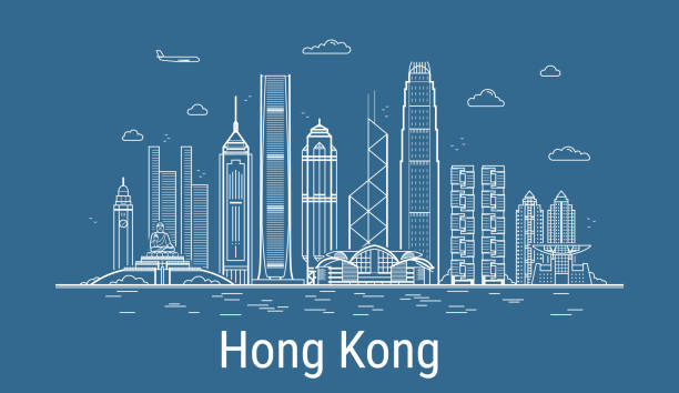 ilustraciones, imágenes clip art, dibujos animados e iconos de stock de vector de línea de arte de la ciudad de hong kong. ilustración con todos los edificios famosos. paisaje urbano. - hong kong