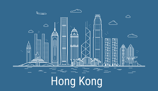 Hong Kong city line art vector. Illustration with all famous buildings. Cityscape.