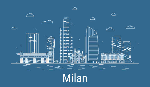 ilustrações de stock, clip art, desenhos animados e ícones de milan city, line art vector illustration with all famous towers. linear banner with showplace. composition of modern buildings, cityscape. milan buildings set. - architecture art backgrounds church