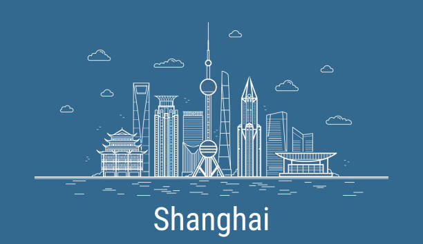 vector shanghai city. alle berühmten gebäude in shanghai. linie-kunst-stil. skyline. - shanghai stock-grafiken, -clipart, -cartoons und -symbole