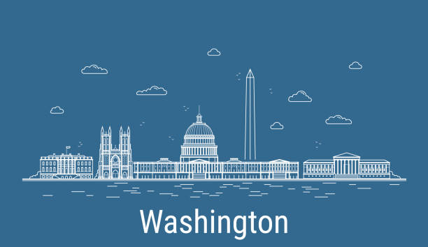 Washington city, Line Art Vector illustration with all famous buildings. Linear Banner with Showplace. Composition of Modern cityscape. Washington buildings set. Washington city, Line Art Vector illustration with all famous buildings. Linear Banner with Showplace. Composition of Modern cityscape. Washington buildings set. washington dc stock illustrations