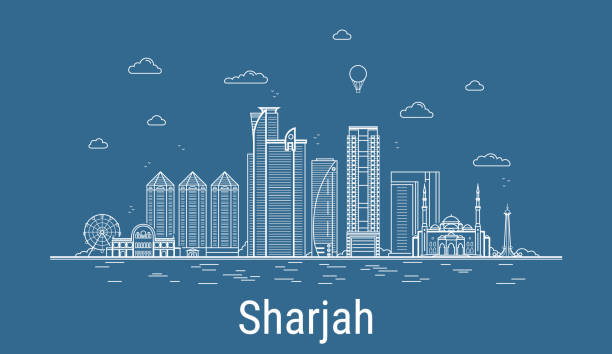 Sharjah city line art Vector illustration with all famous buildings. Cityscape. Sharjah city line art Vector illustration with all famous buildings. Cityscape. emirate of sharjah stock illustrations
