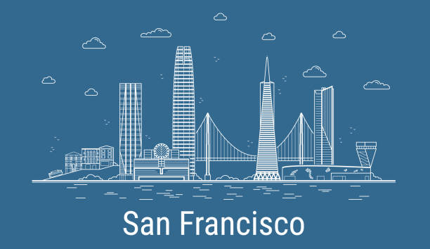 ilustrações de stock, clip art, desenhos animados e ícones de san francisco city, line art vector illustration with all famous towers. linear banner with showplace. composition of modern buildings, cityscape. san francisco buildings set. - architecture art blue bridge