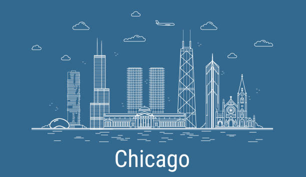 Chicago city, Line Art Vector illustration with all famous towers. Linear Banner with Showplace. Composition of Modern buildings, Cityscape. Chicago buildings set. Chicago city, Line Art Vector illustration with all famous towers. Linear Banner with Showplace. Composition of Modern buildings, Cityscape. Chicago buildings set. chicago skyline stock illustrations