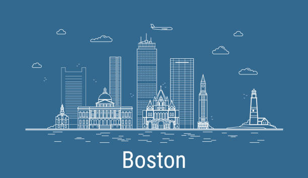 보스턴 시티, 모든 유명한 건물라인 아트 벡터 일러스트. 쇼플레이스가 있는 선형 배너. 현대 건물의 구성, 도시 경관. 보스턴 건물 세트. - boston skyline new england urban scene stock illustrations