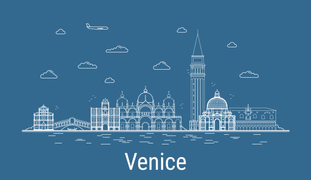 Venice city, Line Art Vector illustration with all famous buildings. Linear Banner with Showplace. Composition of Modern cityscape. Venice buildings set. Venice city, Line Art Vector illustration with all famous buildings. Linear Banner with Showplace. Composition of Modern cityscape. Venice buildings set. venice italy stock illustrations