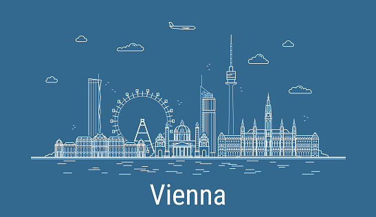 Vienna city, Line Art Vector illustration with all famous buildings. Linear Banner with Showplace. Composition of Modern buildings, Cityscape. Vienna buildings set.