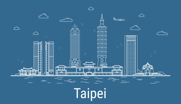 город тайбэй, иллюстрация line art vector со всеми известными башнями. линейное знамя с showplace. композиция современных зданий, городской пейзаж. тай - backgrounds cityscape taipei taiwan stock illustrations