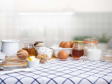Selective focus.Cooking breakfast food or bakery with ingredient and copy space of tablecloth in kitchen roon.For background product display.healthy eating
