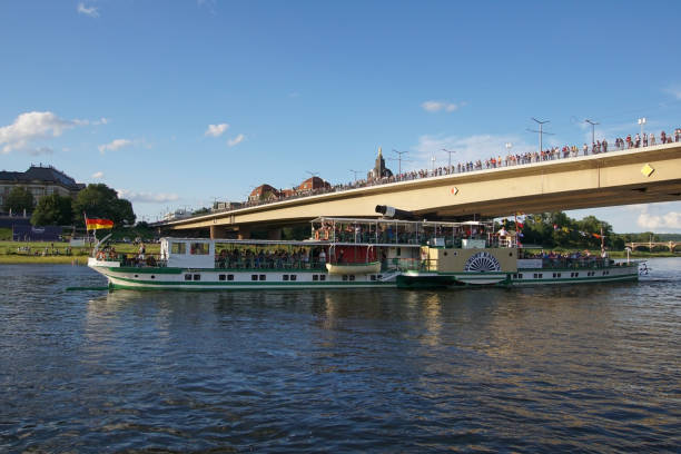 Paddle steamer "Kurort Rathen" on the Elbe Dresden, Germany - August 19 2017: The paddle steamer "Kurort Rathen" of the "Sächsische Dampfschiffahrt" during the "Dampferparade" at the Stadtfest. elbe valley stock pictures, royalty-free photos & images