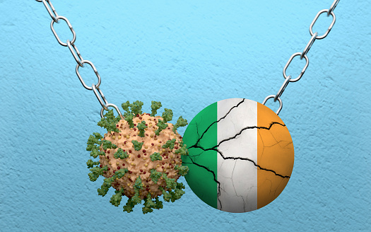 Irish flag is demolish by a wrecking ball made from Coronavirus Covid-19. High resolution image 3D render with copy space for all your social media and print crops.