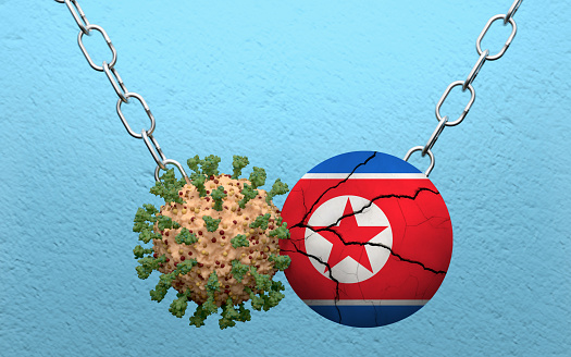 North Korean flag is demolish by a wrecking ball made from Coronavirus Covid-19. High resolution image 3D render with copy space for all your social media and print crops.