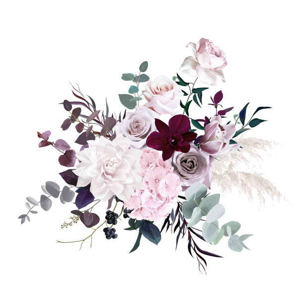 더스티 핑크, 파스텔, 모브 꽃 글래머 벡터 디자인 웨딩 꽃다발 - cut flowers rose purple flower arrangement stock illustrations