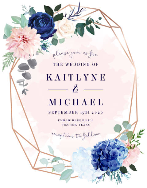 Royal blue rose, white hydrangea, dahlia, eucalyptus, juniper vector design frame Royal blue rose, white hydrangea, dahlia, eucalyptus, juniper vector design frame.Stylish pink gold geometry. Watercolor style.Wedding seasonal flower card. Floral composition. Isolated and editable navy watercolor stock illustrations
