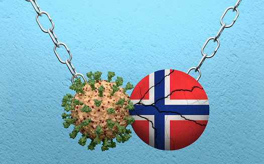 Norwegian flag is demolish by a wrecking ball made from Coronavirus Covid-19. High resolution image 3D render with copy space for all your social media and print crops.