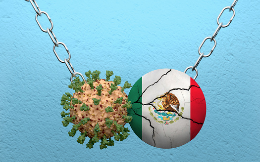 Mexican flag is demolish by a wrecking ball made from Coronavirus Covid-19. High resolution image 3D render with copy space for all your social media and print crops.