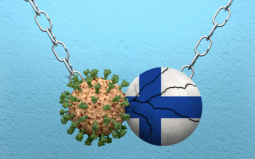 Finnish flag is demolish by a wrecking ball made from Coronavirus Covid-19. High resolution image 3D render with copy space for all your social media and print crops.