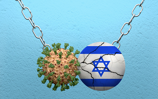 Israeli flag is demolish by a wrecking ball made from Coronavirus Covid-19. High resolution image 3D render with copy space for all your social media and print crops.