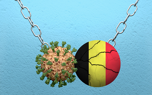 Belgian flag is demolish by a wrecking ball made from Coronavirus Covid-19. High resolution image 3D render with copy space for all your social media and print crops.