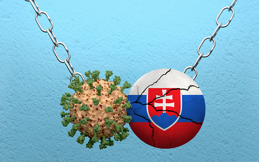 Slovakian flag is demolish by a wrecking ball made from Coronavirus Covid-19. High resolution image 3D render with copy space for all your social media and print crops.