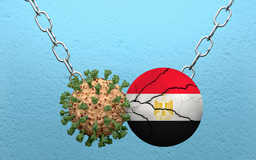 Egyptian flag is demolish by a wrecking ball made from Coronavirus Covid-19. High resolution image 3D render with copy space for all your social media and print crops.