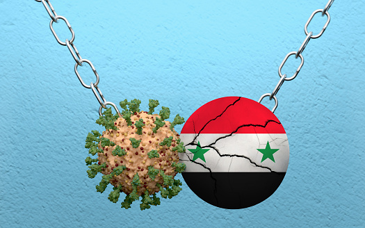 Syrian flag is demolish by a wrecking ball made from Coronavirus Covid-19. High resolution image 3D render with copy space for all your social media and print crops.