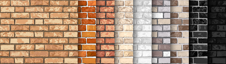 Realistic Vector brick wall seamless pattern set. Flat wall texture. Yellow, gray, red, white, black textured brick background for print, paper, design, decor, photo background