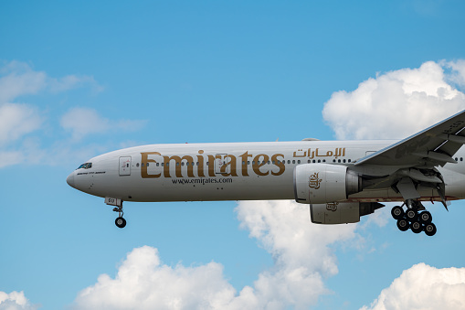 June 20, 2020: Frankfurt Main Airport - Emirates Airways Boeing 777-300ER aircraft (registration A6-EGU)  on approach to land at Frankfurt Main Airport (EDDF)