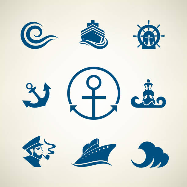 Marine set of vector ship, wave, ship captain, lighthouse, anchor and helm. Marine set of vector ship, wave, ship captain, lighthouse, anchor and helm. ferry passenger stock illustrations