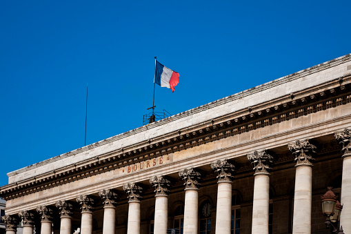 The Bourse ( stock market ) of Paris, located in Brongniart palace. It's an essential flagship monument on Paris historic landscape. It look like a Greek or Roman temple. May 23, 2020