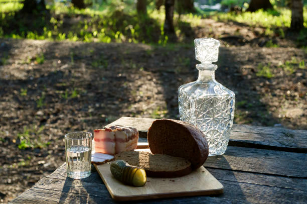 istock Decanter with vodka and snack on a forest glade. 1251189819