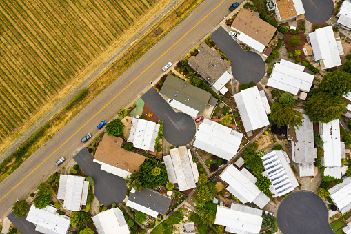 A mobile home neighborhood in Sonoma California USA.  This is an upscale mobile home community.  A vineyard borders the neighborhood.