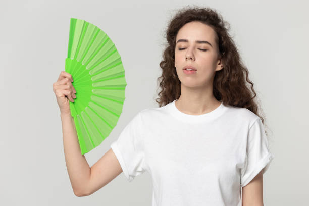 istock Overheated young female using waver suffering from heat 1251191234