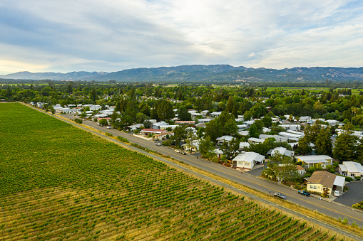 A mobile home neighborhood in Sonoma California USA.  This is an upscale mobile home community.  A vineyard borders the neighborhood.