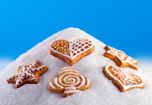 Cookies on the heap of sugar against blue background.
