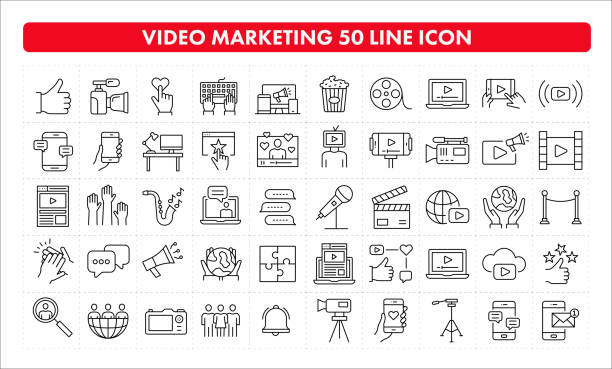 ilustraciones, imágenes clip art, dibujos animados e iconos de stock de icono de línea video marketing 50 - cámara ilustraciones