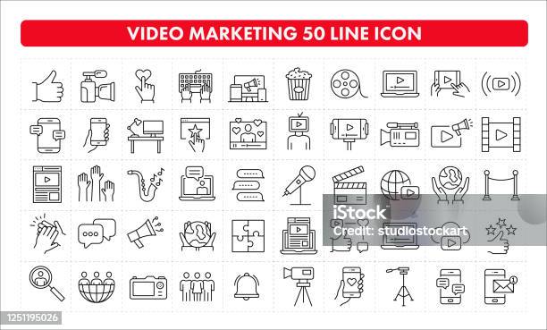 비디오 마케팅 50 라인 아이콘 가정용 캠코더에 대한 스톡 벡터 아트 및 기타 이미지 - 가정용 캠코더, 정지화면, 마케팅