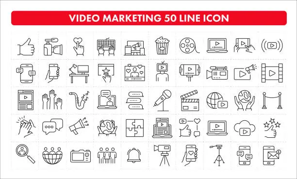 Vector illustration of Video Marketing 50 Line Icon