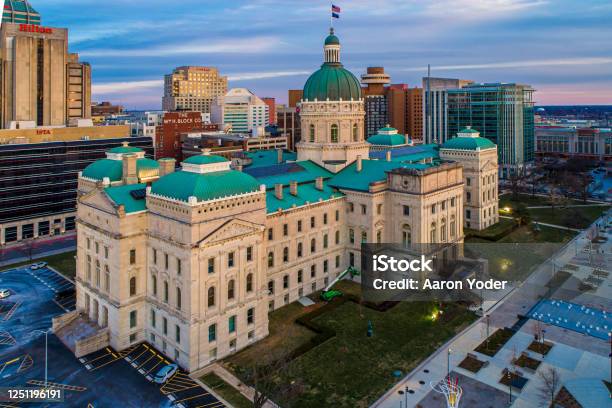 Aerial View Of Downtown Indianapolis Indiana State Capitol At Sunset Stock Photo - Download Image Now