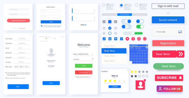 nowoczesna responsywna aplikacja mobilna lub interfejs użytkownika, interfejs użytkownika, układ ux, w tym login, tworzenie konta, profil. przyciski kolekcji widżetów webowych, przełączniki, oceny, aplikacja mobilna z interfejsem motywu świetlnego - internet page site stock illustrations