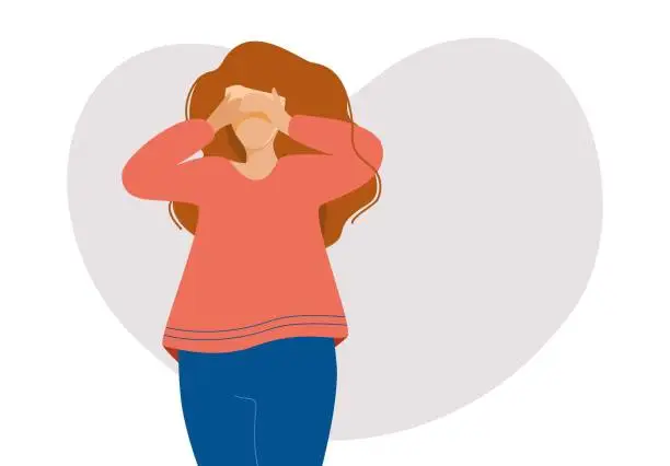 Vector illustration of Sad woman with her hands over her eyes, vector illustration against a heart background