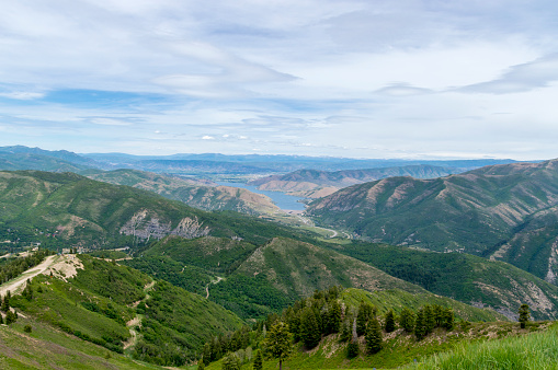 This is summer view of Deer Creek Reservoir and Heber Valley, Utah.  This shot was taken in Provo Canyon from an elevation of about 8500 ft.