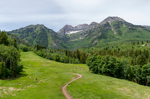 This is a panoramic shot showing Mount Timpanogos in Utah's Wasatch Mountains range.  Mt. Timpanogos is a tall landmark in Utah County, adjoining many of the cities including Provo.  This shot was taken during the early summer and shows some of the waterfalls cascading down the mountain as well as some hiking trails leading up to it.