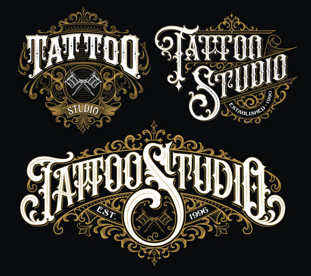illustrazioni stock, clip art, cartoni animati e icone di tendenza di set di logo lettering tatuaggi vintage. emblemi tatuaggi altamente dettagliati, logo, badge e grafica t-shirt. - tattoo